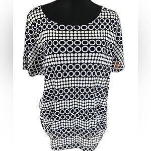 Outback Red black/ ivory circle scoop neck short sleeved semi sheer mesh top